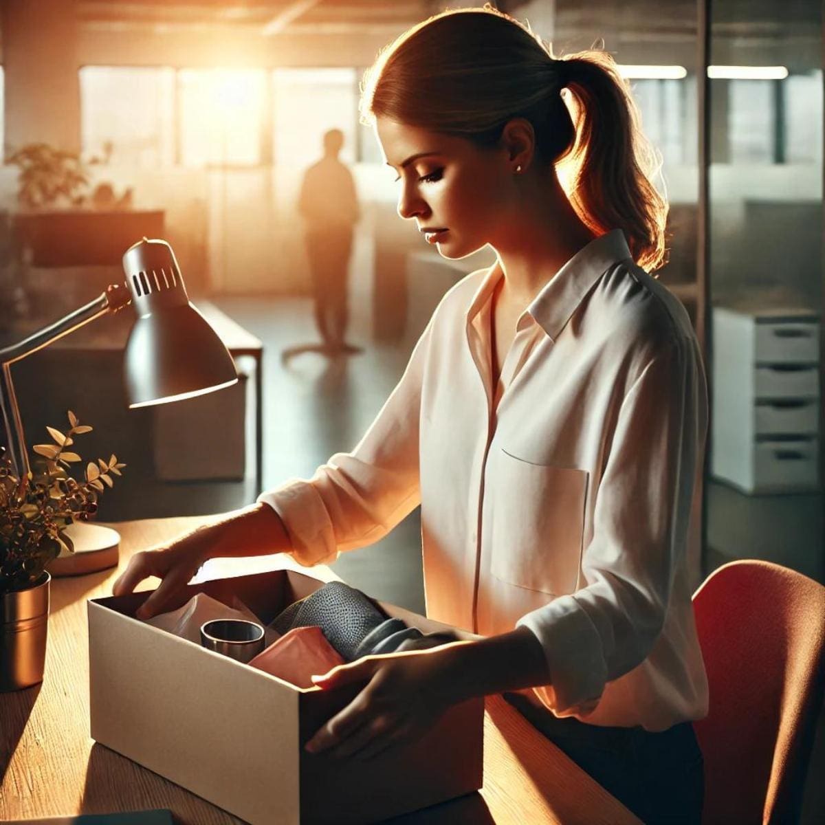 An AI generated image of a female office worker packing a box of personal belongings at her desk, with a soft, reflective mood. The warm lighting emphasizes the emotional weight of losing her job.