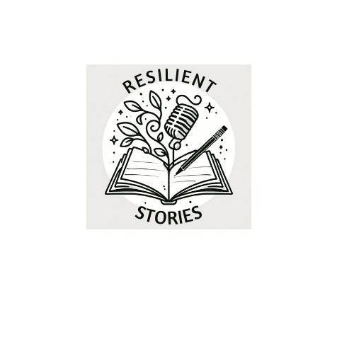 An open book with a pencil writing on the pages. There is a microphone standing up in the center of the book to symbolize using your voice. A small leafy vine is also coming out of the book to signify growth. The logo in a white circle with the words resilient stories around it.