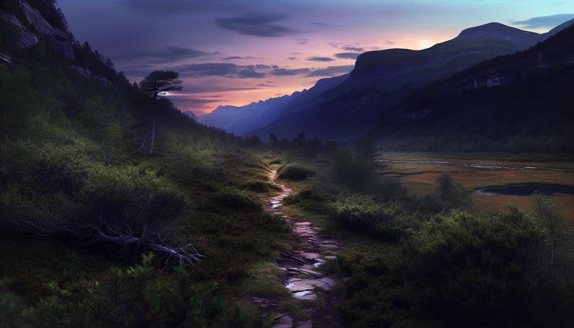 A nature scene with a sun rise over the mountain and a windy, rocky path through some undergrowth.