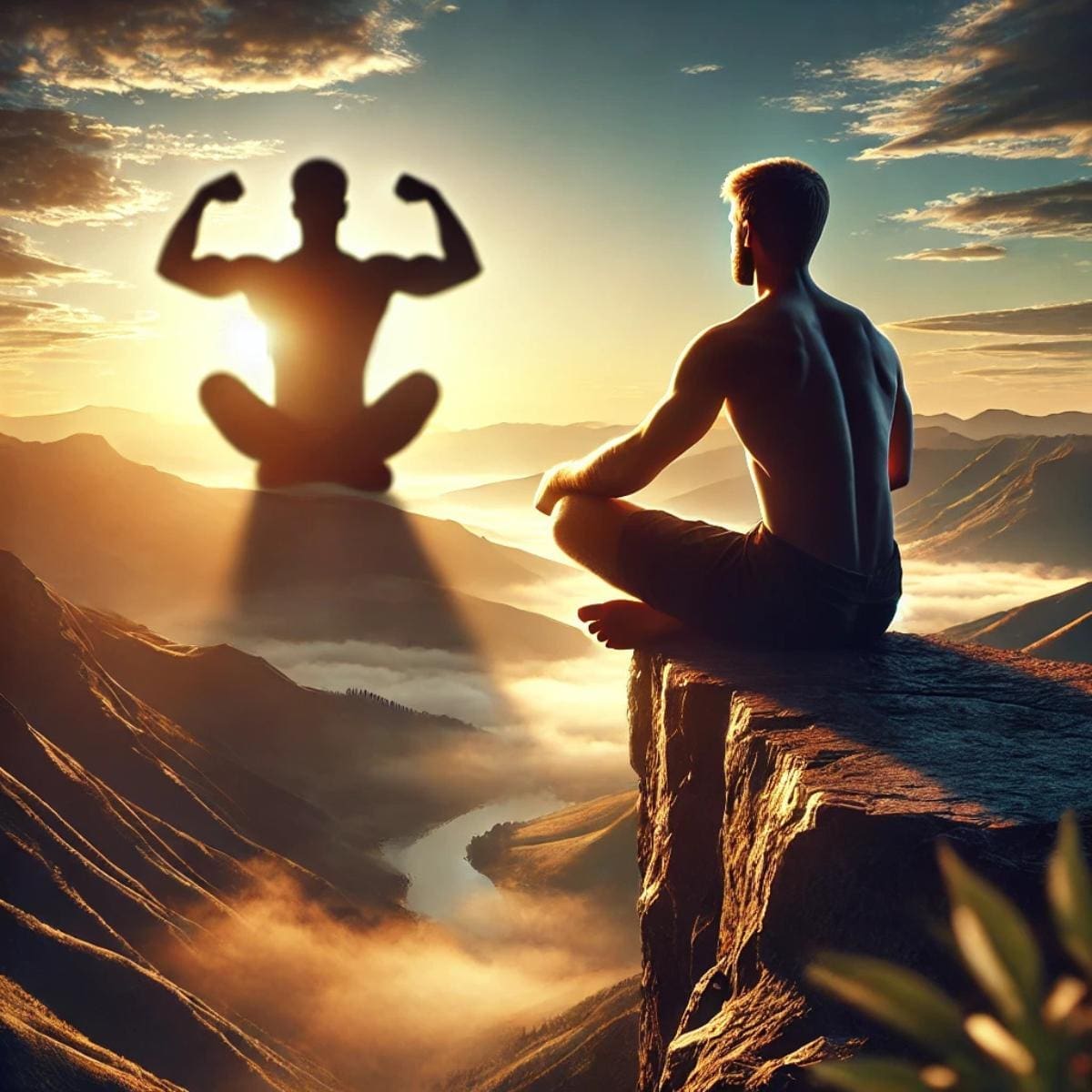 An AI generated image of a man on a mountain cliff with a shadow that reflects a confident, strong pose, symbolizing inner strength and resilience.