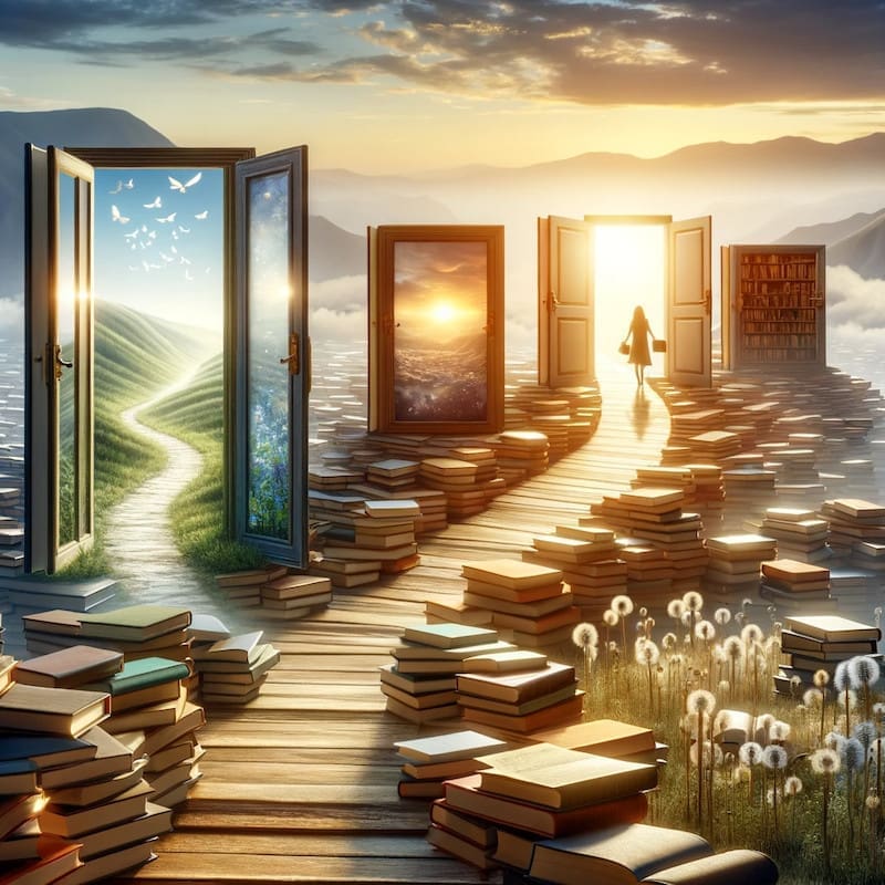 An image of a woman walking on a pathway of books surrounded by windows, mirrors, and doors and other books.