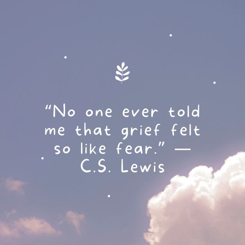 C.S. Lewis quote, "No one ever told me that grief felt so like fear." The image is on a light purple background with clouds.