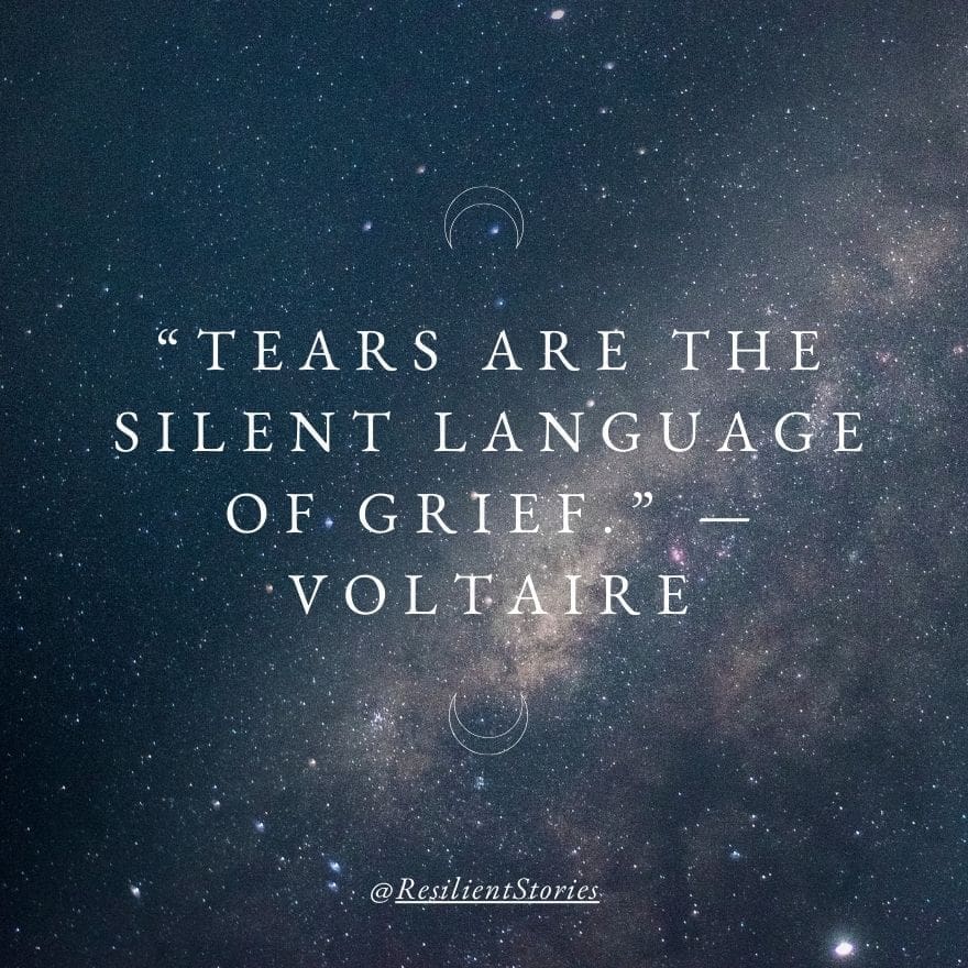 Voltaire quote on a celestial background, "Tears are the silent language of grief."