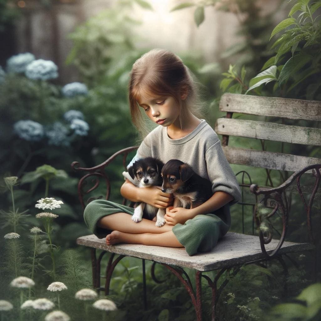 A picture of a lonely and neglected young girl holding two puppies in her lap.