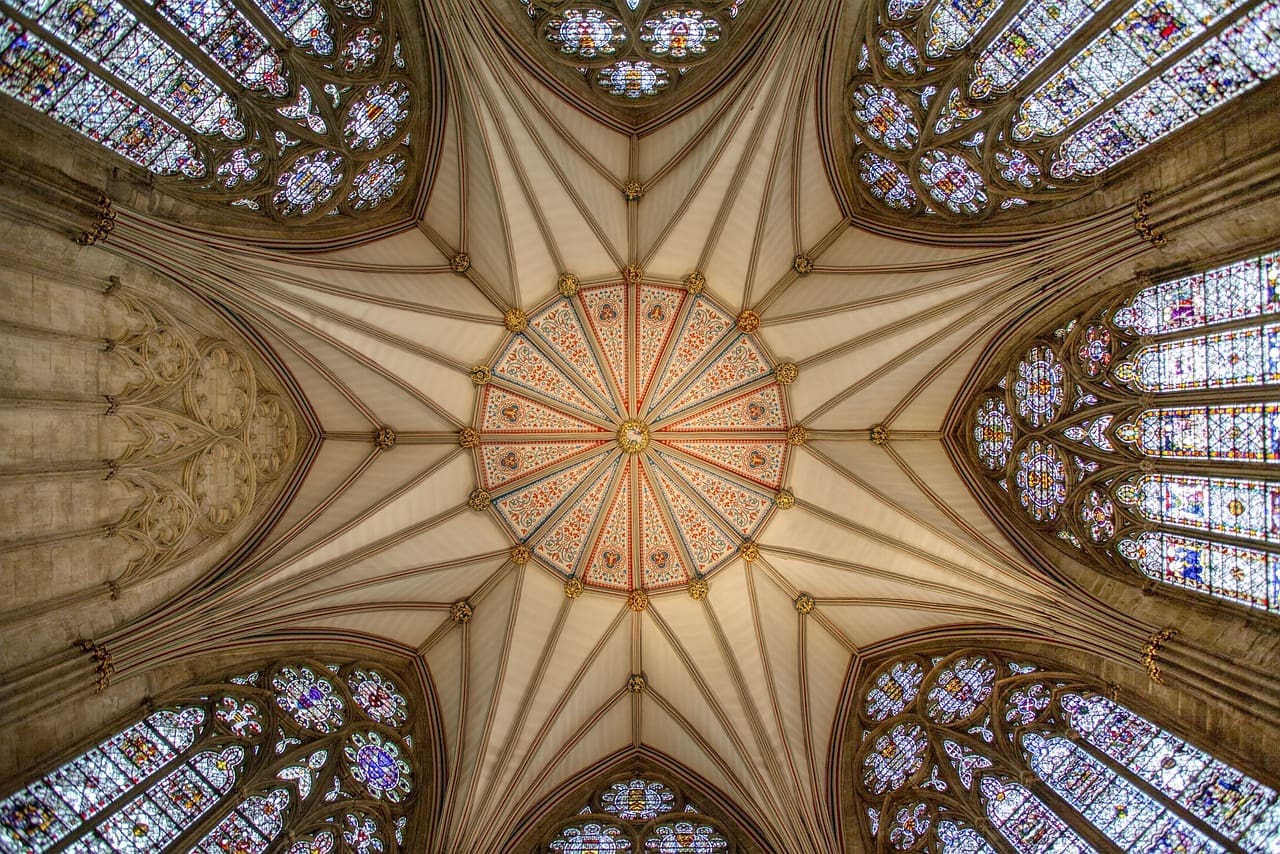 Beautiful symmetrical cathedral ceiling of stained glass