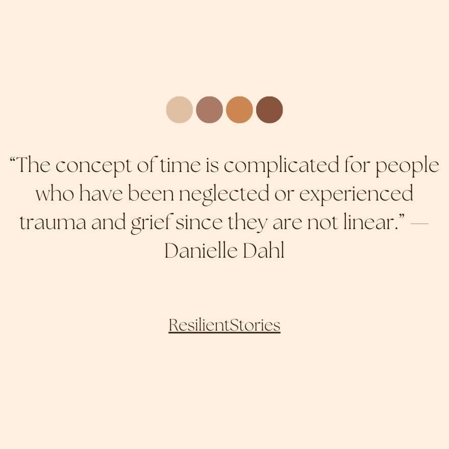 A quote from the author, "The concept of time is complicated for people who have been neglected or experienced trauma and grief since they are not linear.