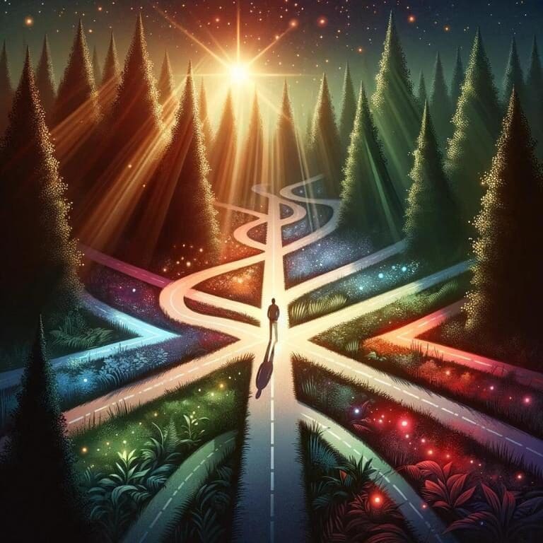 An image that captures the transformative power of challenging the stories we tell ourselves. It depicts a person standing at a crossroads in a forest, with paths diverging in multiple directions, each path illuminated by a different color of light.