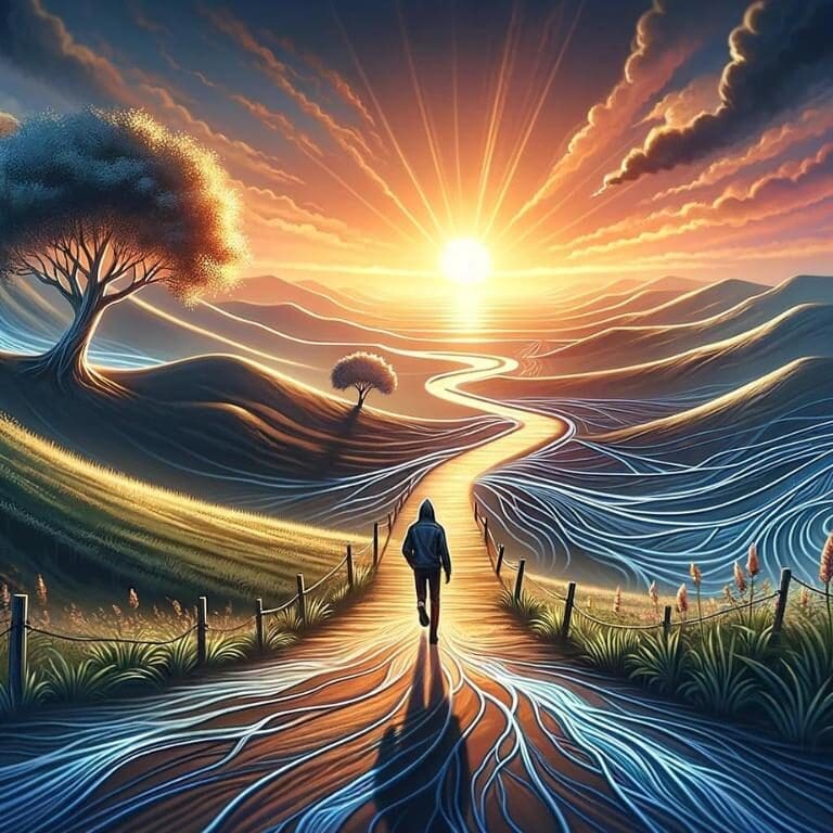 An AI generated image of a person walking down a path toward a sunrise, mean to represent the new dawn of one day at a time.