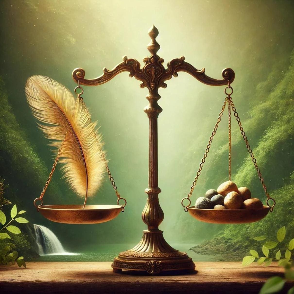 An AI generated image of balancing scales featuring a golden feather and stones, set against a serene natural backdrop with a waterfall. The soft, warm tones create a harmonious and peaceful atmosphere, emphasizing the balance and justice represented by karma.