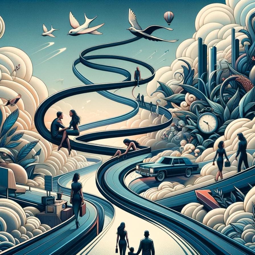 A metaphorical representation of life's unpredictable and complex journey towards personal fulfillment. There is a winding road going through various life milestones, like marriage, births, and careers. 