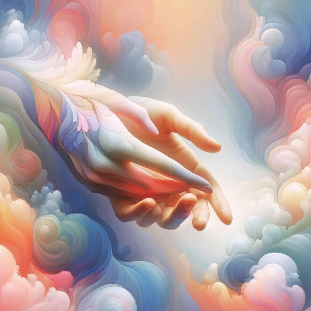 Two hands reaching out of soft rainbow-colored clouds in service of their dharma