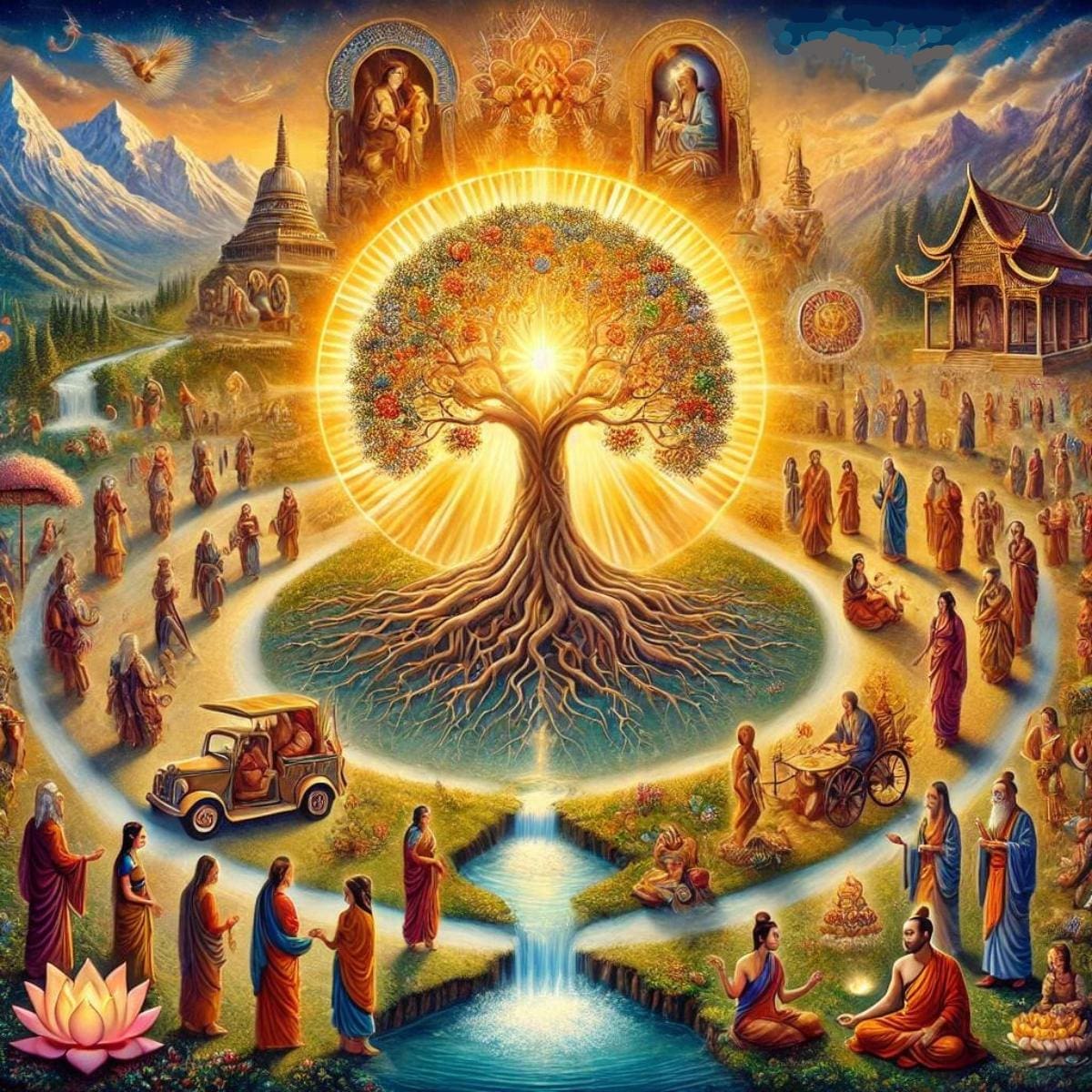 depiction of "ultimate dharma," capturing a harmonious scene of a glowing tree of life with people all around living their highest purpose