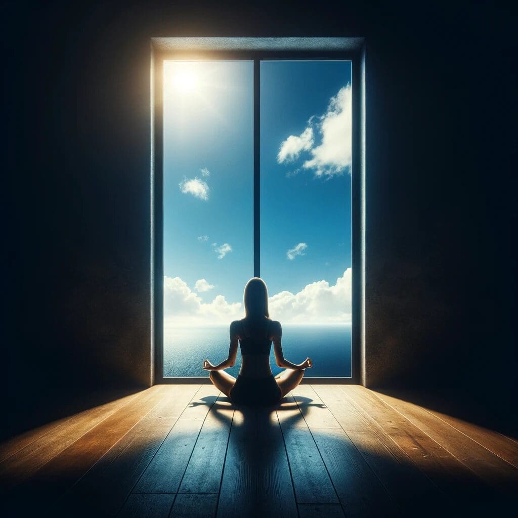 AI-generated image of a woman meditating in a dark room but in front of a window with a beautiful day outside