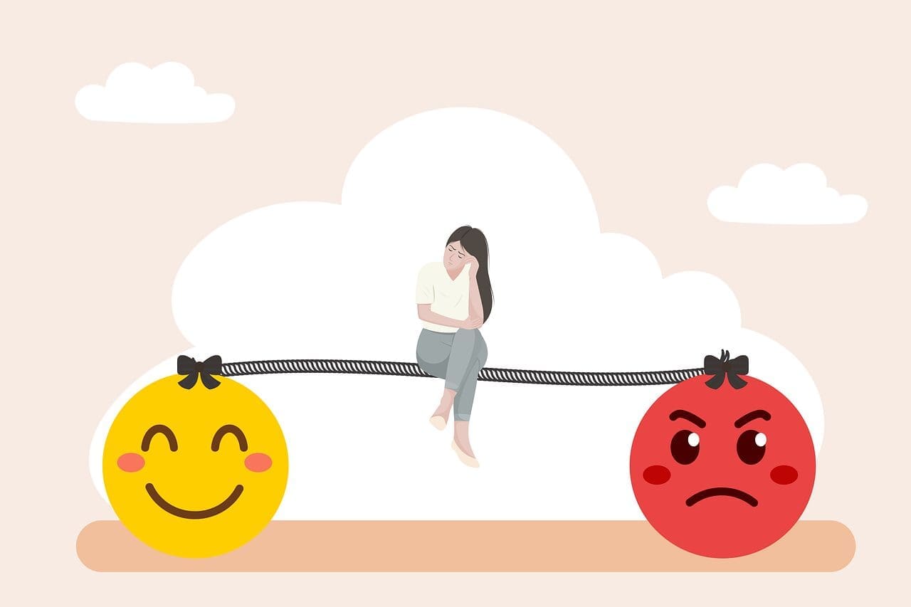 Illustrated image of a woman sitting on a tightrope between a happy face emoji and an angry/upset face emoji, depicting self-doubt around being unqualified. 