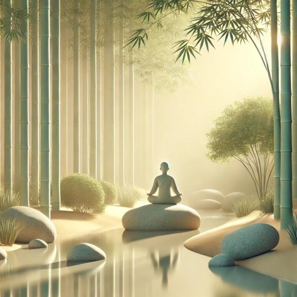 AI-generated image of clay-mold art: person sitting atop a rock in the middle of a stream, in a bamboo forest, meditating