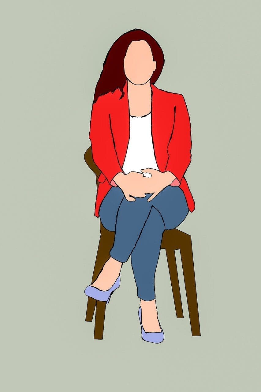 Illustration of a woman sitting in a chair, ready for a job interview despite feeling unqualified. 