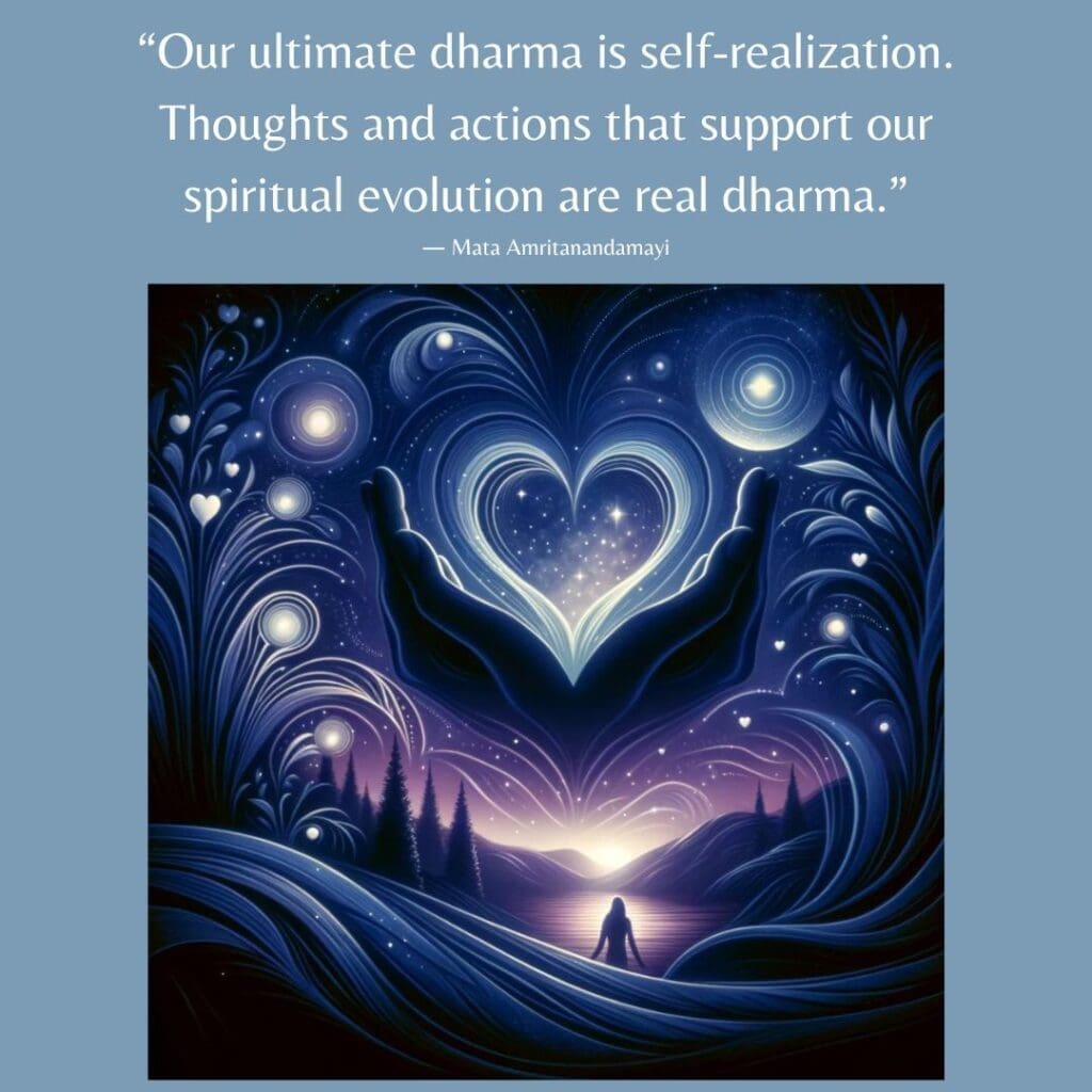 AI-generated image of a woman looking up at a purple, blue, and black swirling sky full of stars and hearts, with two giant hands holding an illuminated heart with a quote that reads "Our ultimate dharma is self-realization. Thoughts and actions that support our spiritual evolution are real dharma."