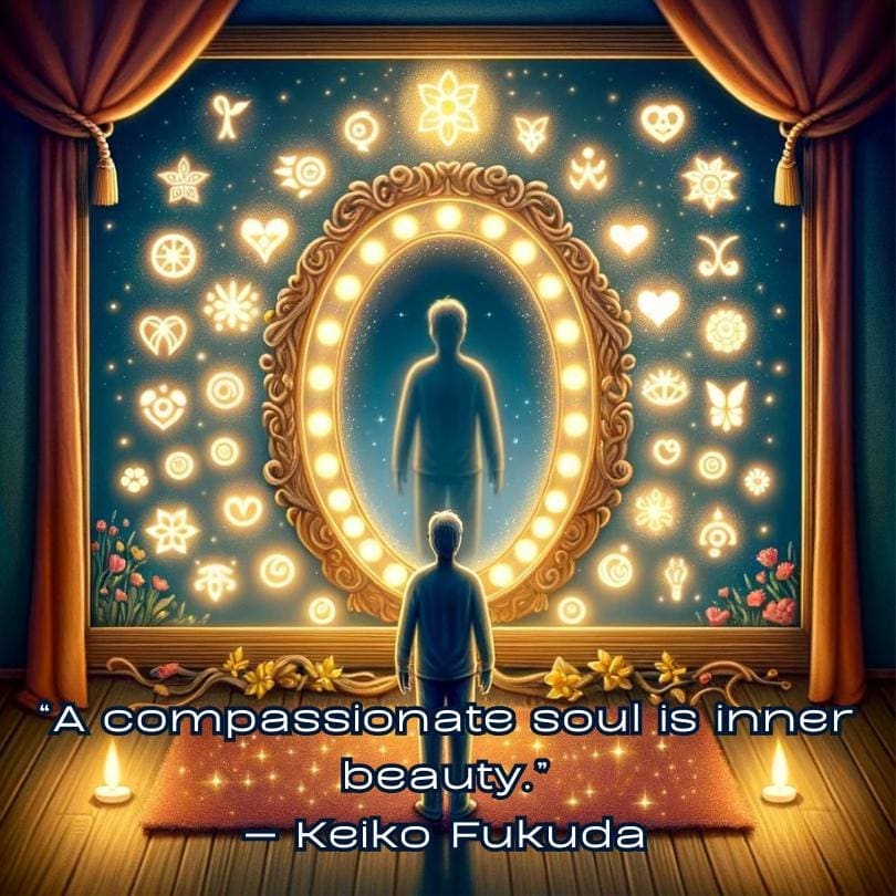 AI-generated image of a man standing in front of a mirror in a candlelit room with symbols of kindness, compassion, and spirituality surrounding the mirror and an inner beauty quote by Keiko Fukuda that reads "A compassionate soul is inner beauty." 