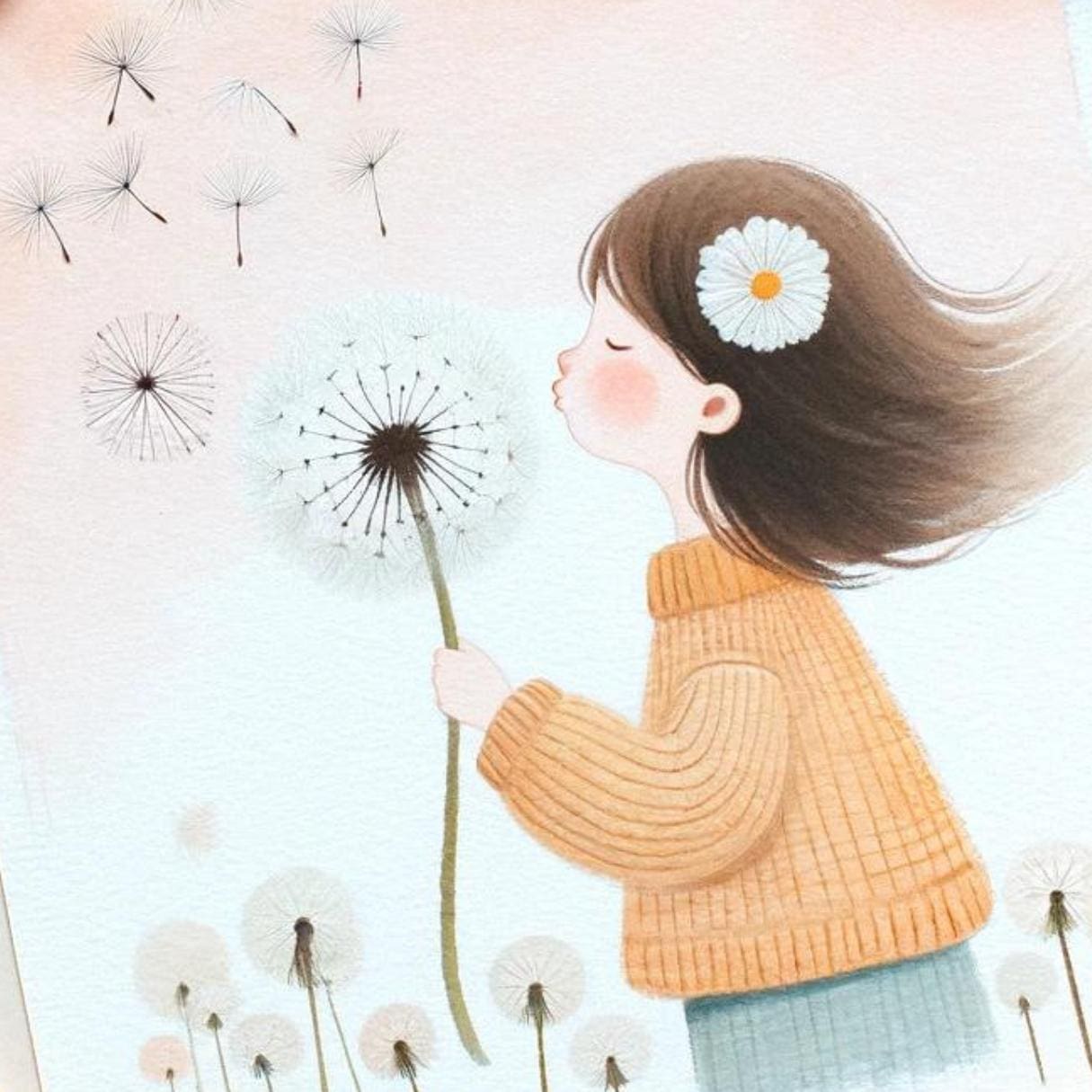 A little girl engages in the simple daily pleasure of blowing dandelion seeds, rendered in soft, pastel colors that exude warmth and the uncomplicated joy of life illustrated in these simplicity quotes.