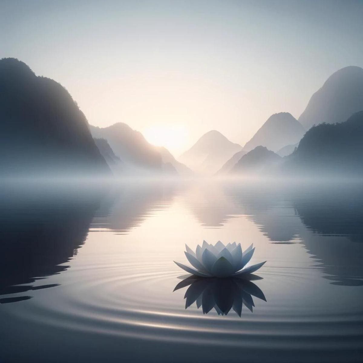 A serene lake with a single lotus flower floating in a foggy sunrise