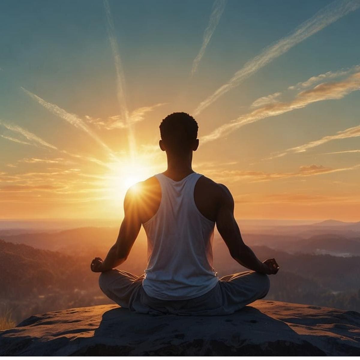 AI-image of man meditating outdoors at sunrise