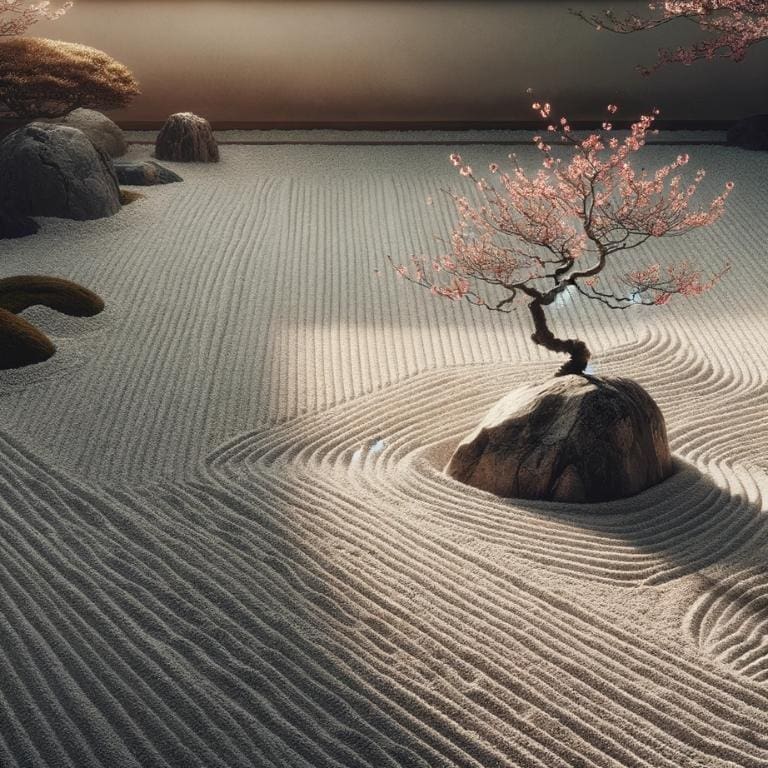 AI-generated image of raked sand in a zen garden, with a single stone and cherry blossom tree, depicting benefits of reading zen quotes.