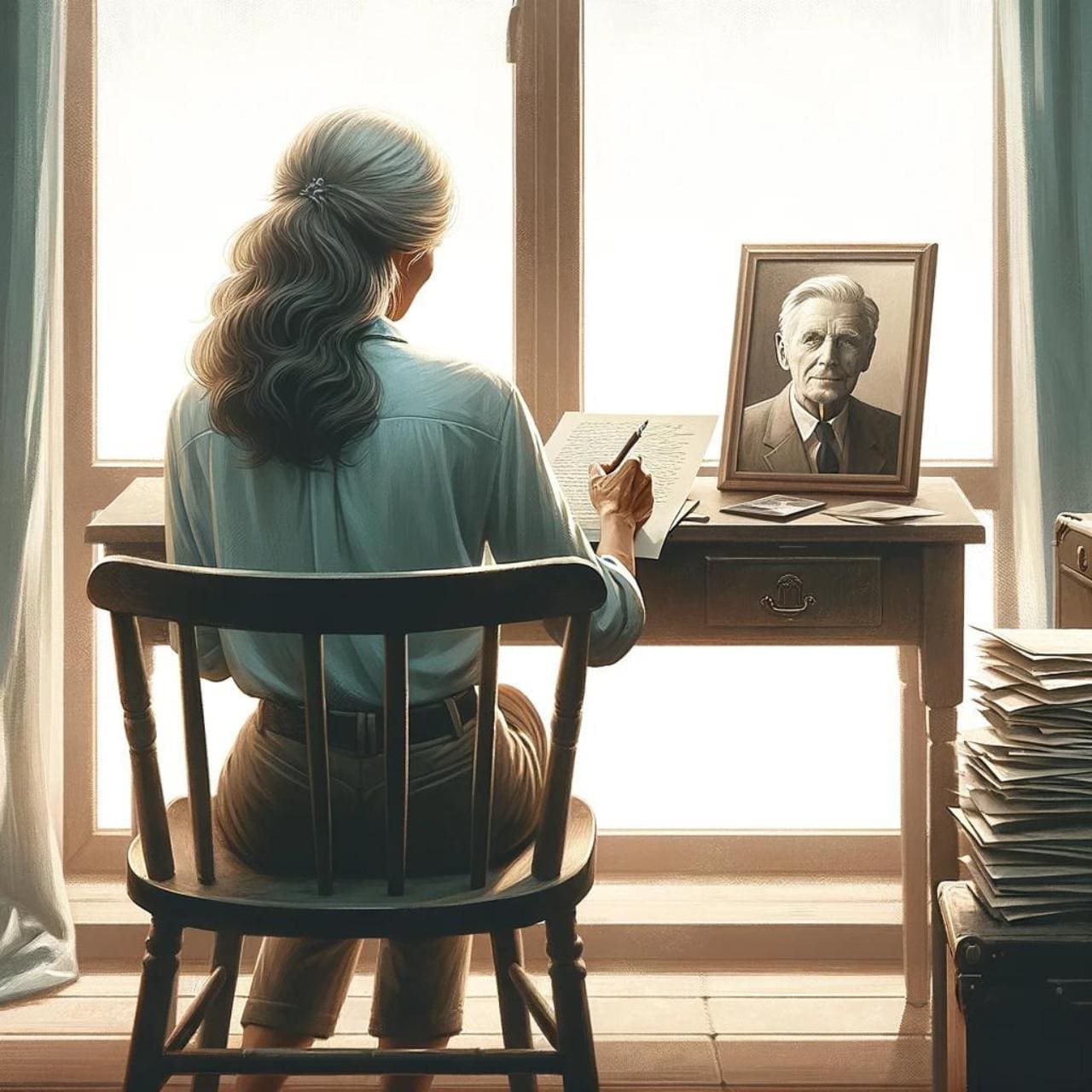 An AI image showing the woman (surviving spouse) from behind as she sits facing a window, writing in a journal, with a stack of letters and an older man's photo in a frame beside her, all captured in a natural color palette with an artistic style.