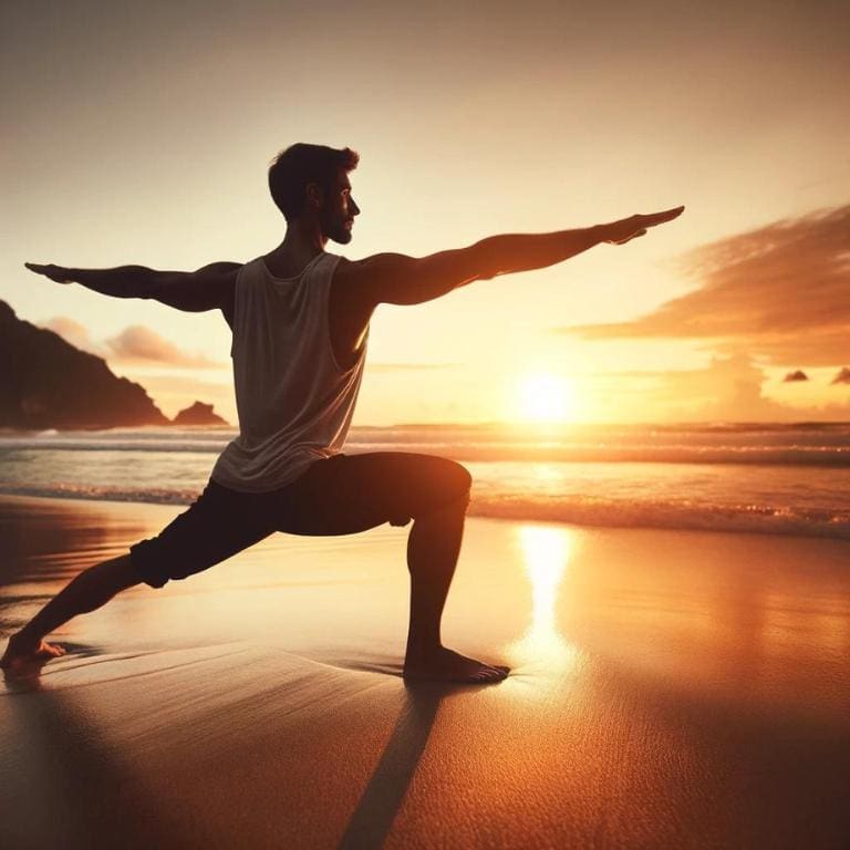 An AI generated image of a man practicing a warrior pose on a beach at sunset.