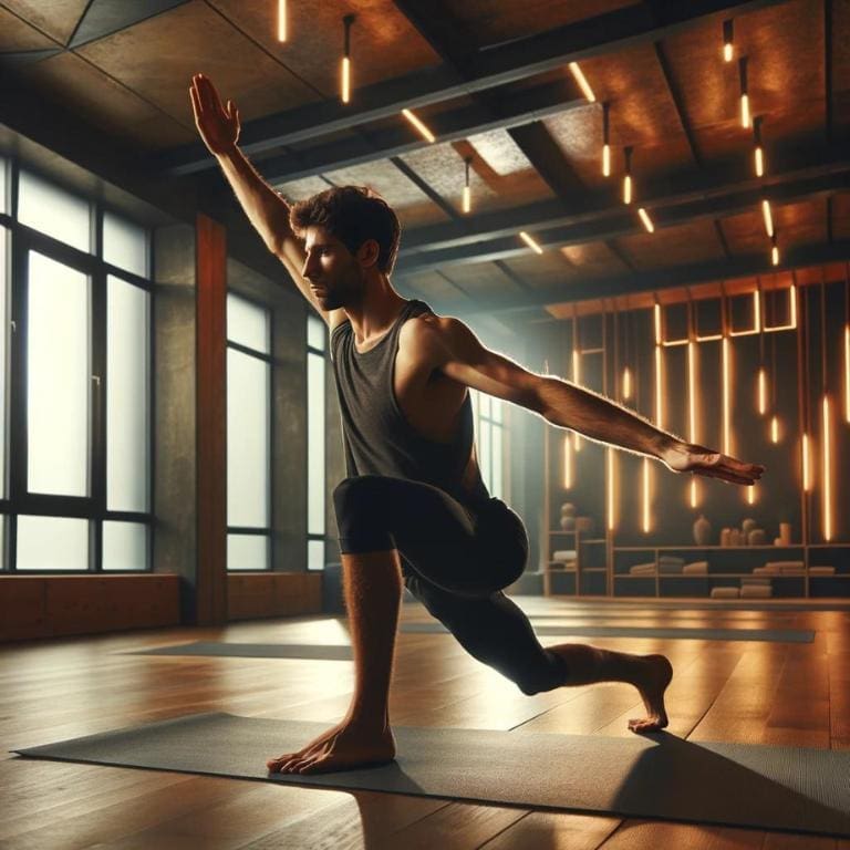 A man practicing yoga in a modern looking studio space by himself.