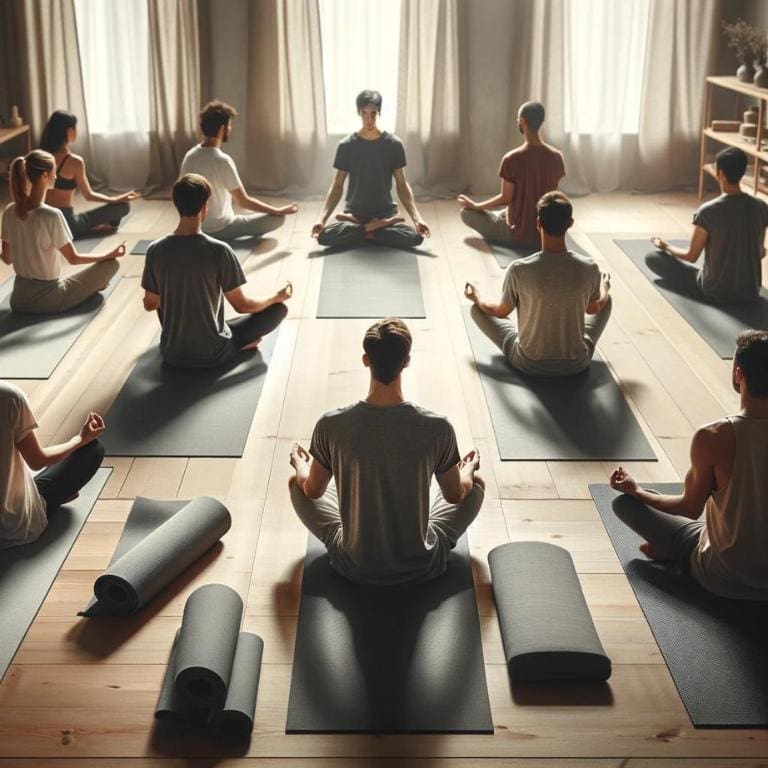 An AI generated image of students in a class exploring the benefits of yoga. A spacious, well-lit studio, featuring a diverse group of participants, including a few men, in various yoga poses.