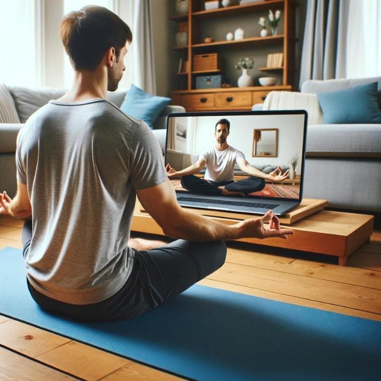 An AI generated image of a man reaping the benefits of yoga for men while practicing yoga via video.