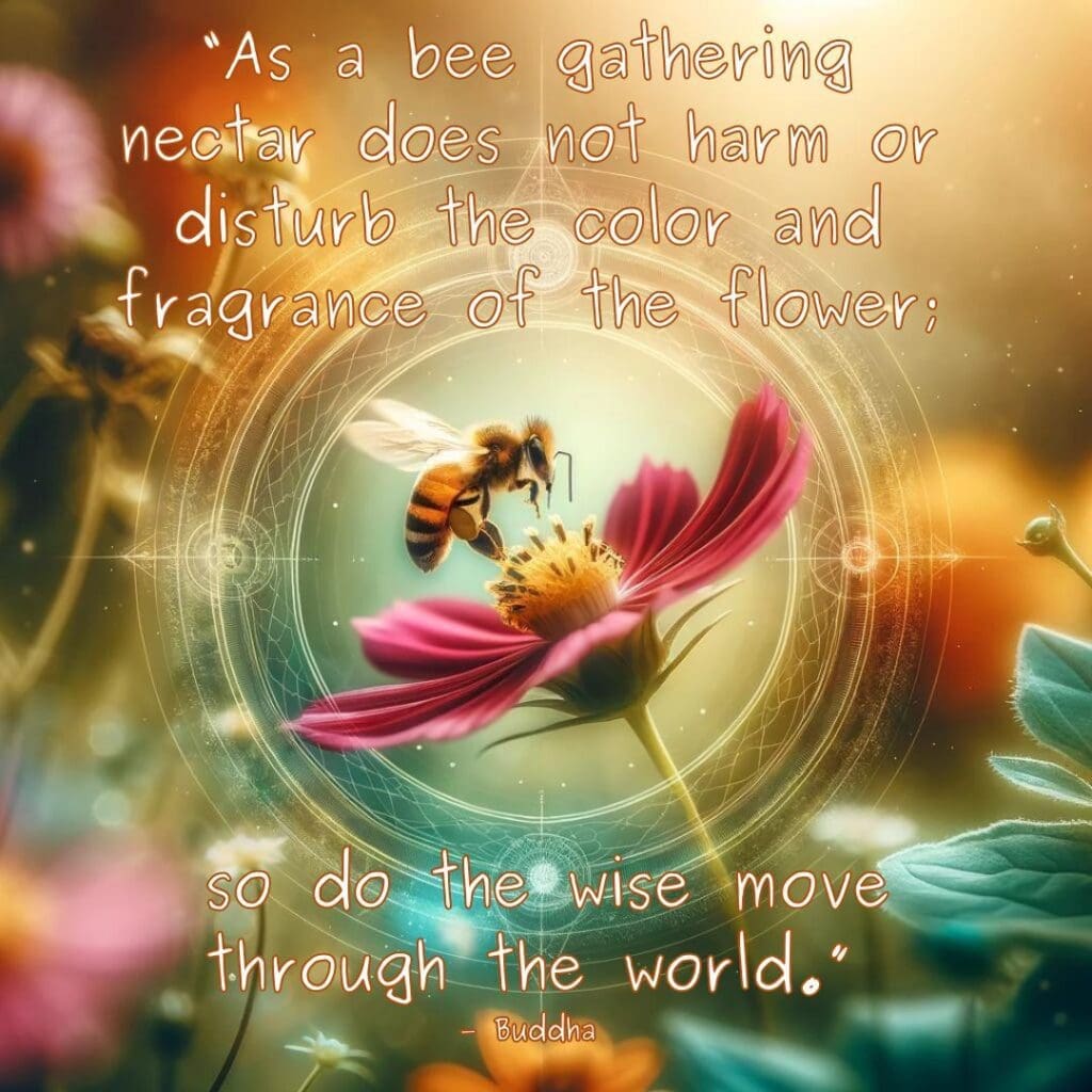 AI-generated image of a bee landing on a flower with metaphysical symbols surrounding it, and a quote that reads "As a bee gather nectar does not harm or disturb the color and fragrance of the flower, so do the wise move through the world." — buddha