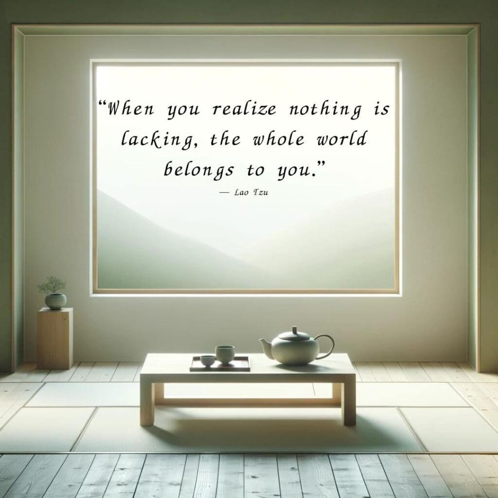 Simple room with Japanese teapot and cups on a table in front of a window with a Zen quote that reads "When you realize nothing is lacking, the whole world belongs to you." — Lao Tzu