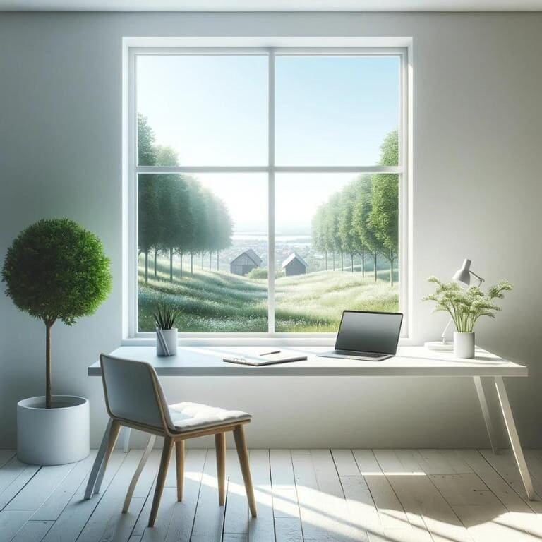 A minimalist office with a window looking out into a green tree lined field. The city is visible in the distance, representing common themes found in these simplicity quotes.