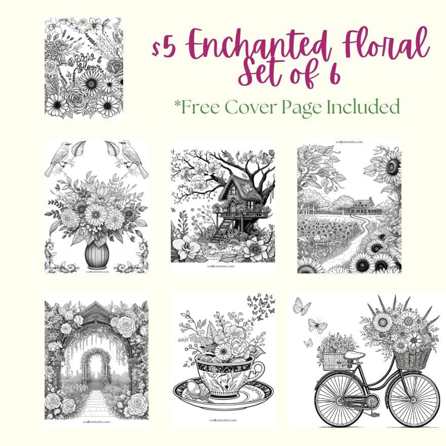 The Enchanted Floral coloring page set of 7 images.