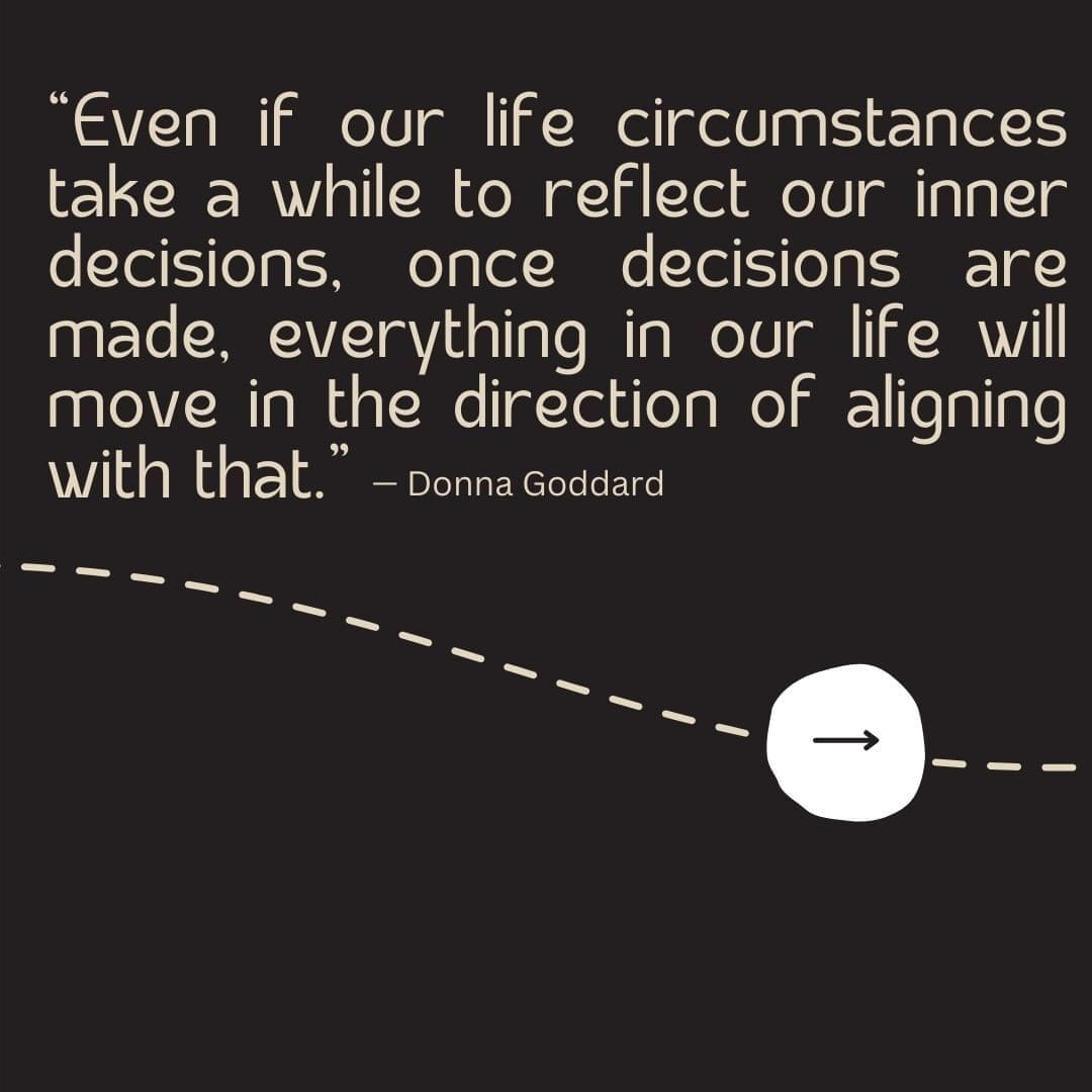 Black background with a tan dotted line running through it and an arrow pointing forward, with a quote from Donna Goddard that reads "Even if our life circumstances take a while to reflect our inner decisions, once decisions are made, everything in our life will move in the direction of aligning with that."