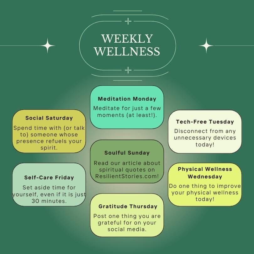 A weekly wellness graphic:

Meditation Monday- Meditate for a few moments

Tech-Free Tuesday- Disconnect from any unncessary devices.

Physical Wellness Wednesday- Do one thing to improve your physical wellness.

Gratitude Thursday- Post one thing you are grateful for on social media.

Self-Care Friday-Set aside time for yourself.

Social Saturday- spend time with or talk to someone whose presence refuels your spirit.

Soulful Sunday- Read our spiritual quotes.