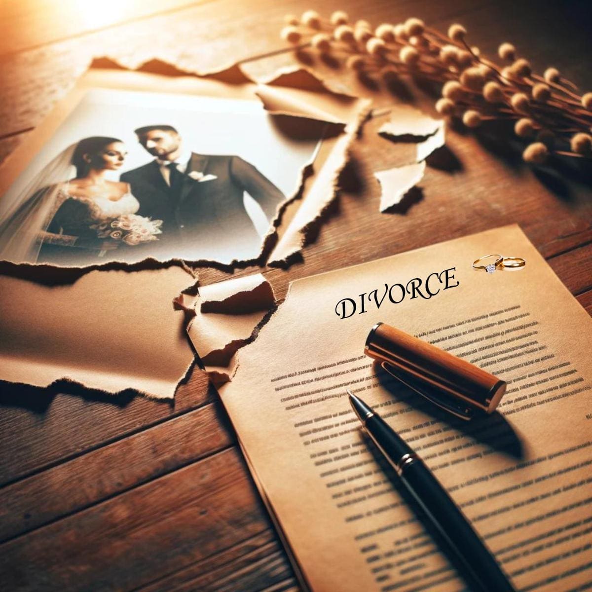 AI generated image of a torn wedding photo and divorce papers. The couple's wedding rings sit on top of the papers. This signifies the end of the marriage and healing after divorce.