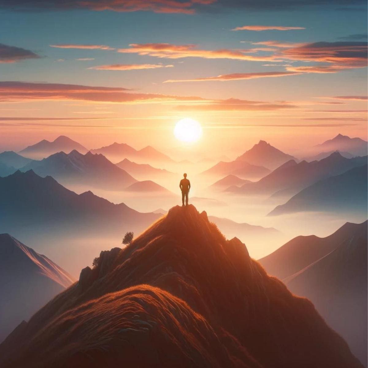 A person standing on top of a mountain, looking across a valley of mountains at a rising sun