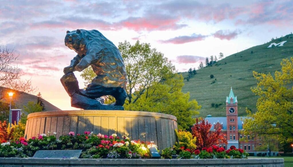 Picture of the Grizzly statue at the center of University of Montana-Missoula, with the iconic clock tower and "M" mountain in the background. 