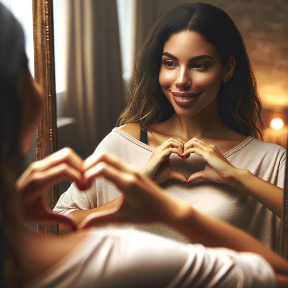 An AI generated image of a woman of color standing in front of a mirror, forming a heart shape with her hands. She's looking at her reflection with a smile, in a moment that embodies self-love and acceptance. The setting is warm and intimate, highlighting a personal affirmation of identity and self-worth.