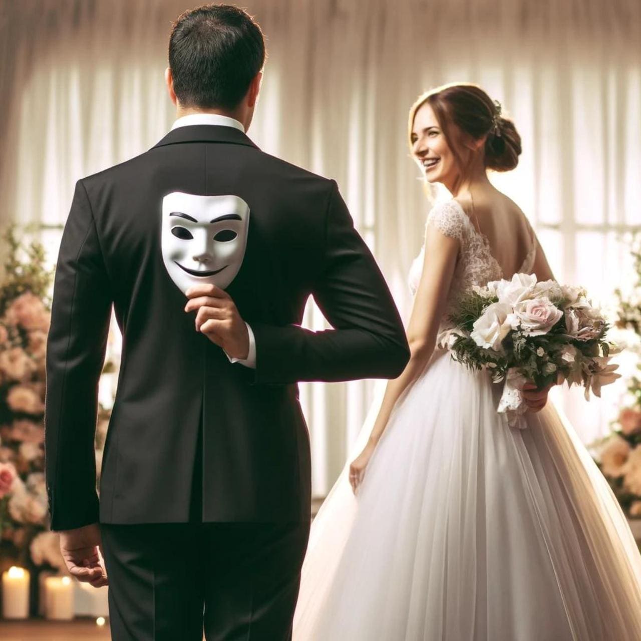 An AI generated image where the groom is subtly holding a white mask behind his back, symbolizing concealment, while the bride joyfully looks at him, unaware of the deceit. The beautifully decorated wedding venue adds to the contrast between the apparent joy and the hidden truth of marrying a narcissist.