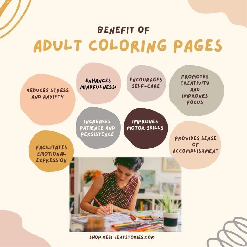 A graphic depicting the benefits of adult coloring pages:

Reduces stress and anxiety
Enhances mindfulness
Encourages self-care
Promotes creativity and improves focus
Facilitates emotional expression
Increases patience and persistence
Improves motor skills
Provides a sense of accomplishment
