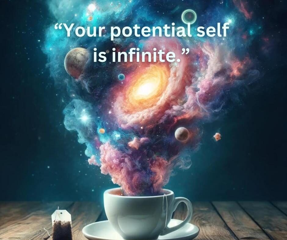 White ceramic tea cup and saucer sitting on a table next to a wet tea bag, with colorful swirling clouds coming from the cup like steam. The clouds contain stars and planets to depict the cosmos. There is a Yogi tea bag quote on the image that reads "Your potential self is infinite."