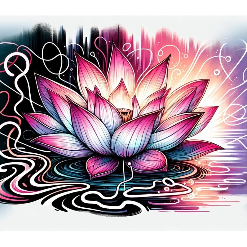 Abstract illustration of a pink and white lotus sitting on water, with pink, purple, black, and white swirling background