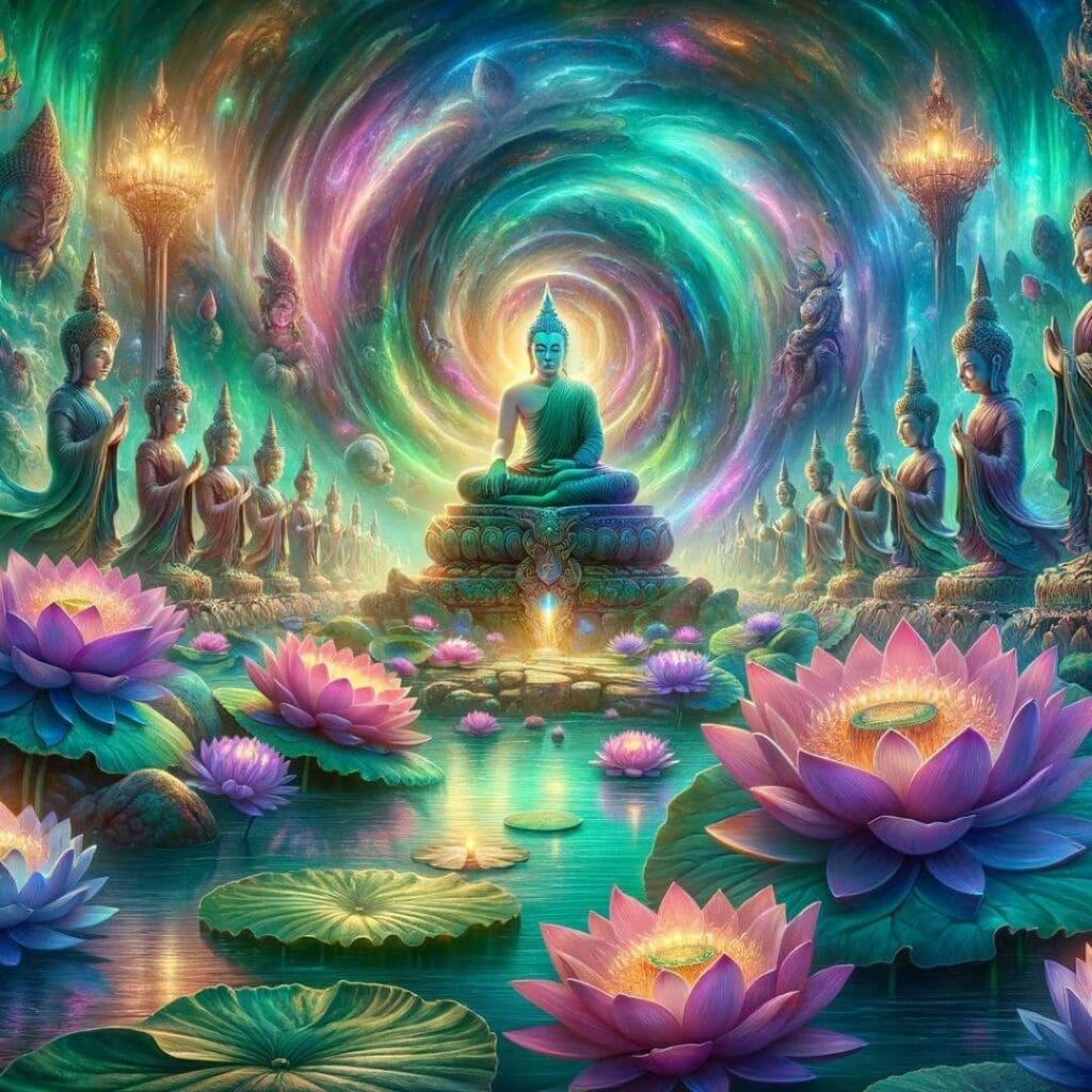 A depiction of the Buddha sitting in a psychedelic lotus spring, with green water and pink and purple blooming lotus flowers. The sky swirls with pink, green, and purple light and the Buddha is flanked by rows of praying statues. 