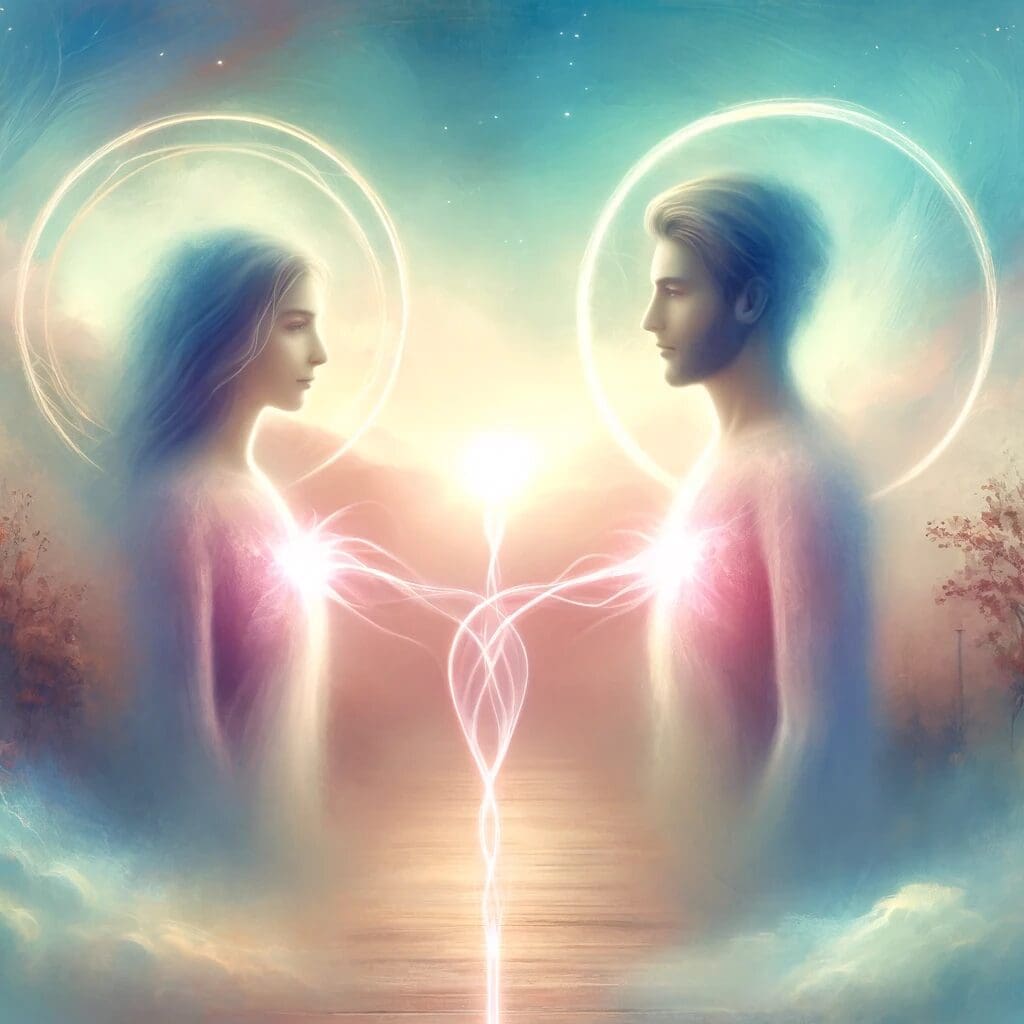 Ethereal AI image of two almost cloud-like people with halos and both their hearts are glowing and connected by what looks like an illuminated Divine thread. 