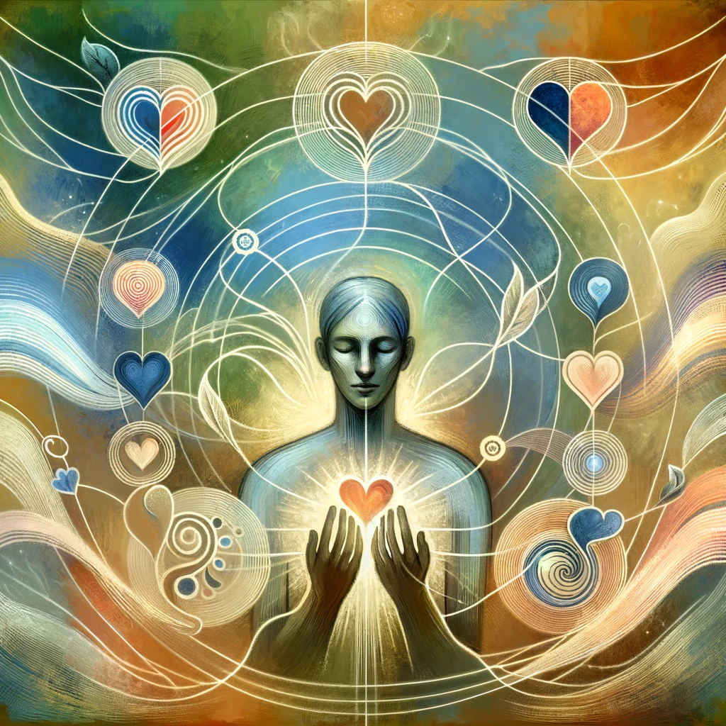 An image that represents the overall theme of the empath quotes article. The central figure embodies various facets of empathy, sensitivity, and emotional connection, surrounded by subtle symbols of empathy such as open hands, interconnected hearts, and soft, flowing lines representing emotional currents. The background uses a soothing blend of natural hues like green, blue, and beige to convey the empath's journey of helping others, the emotional weight they carry, and their deep, intrinsic connection to those around them.