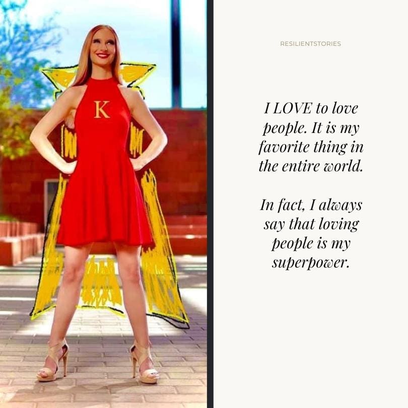 An image of the author in a red dress with a yellow cape drawn on behind her. The quote from her regarding what does it mean to love someone reads: I love to love people. It is my favorite thing in the entire world. In fact, I always say that loving people is my superpower.