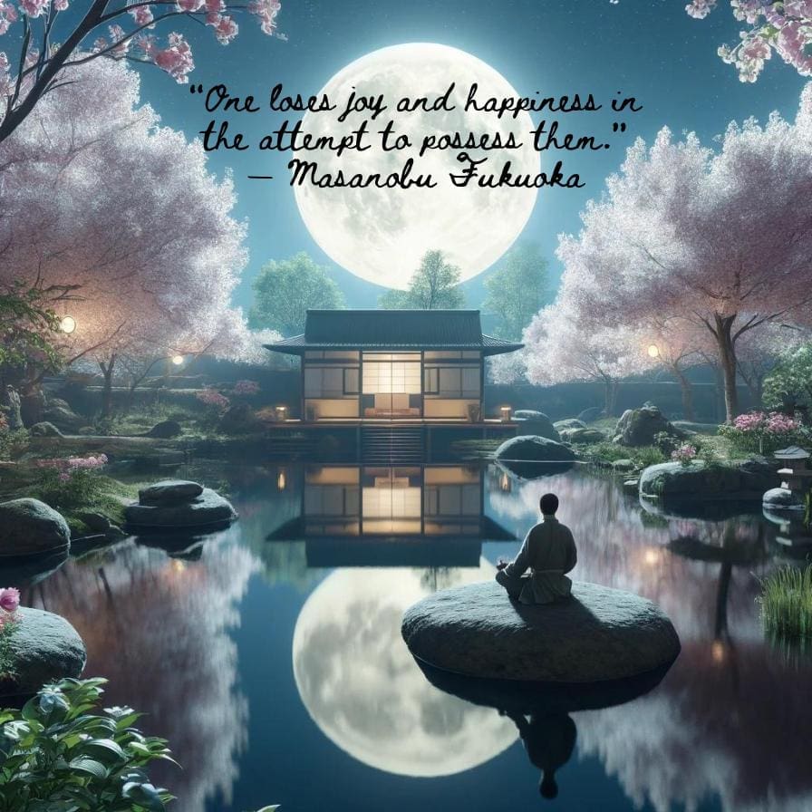 a serene garden with a pond reflecting the whole moon and sky, a person meditating, surrounded by cherry blossoms, and a traditional Japanese tea house. The scene evokes tranquility and calm, perfect for finding inner peace through Zen quotes.